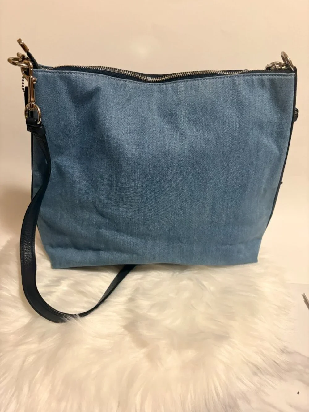 Coach Hallie Denim Pebbled Leather Convertible Shoulder Crossbody Bag Blue
